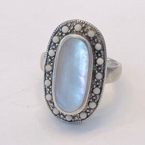 Vintage Designer Sterling Mother of Pearl & Seed Pearl Ring 8